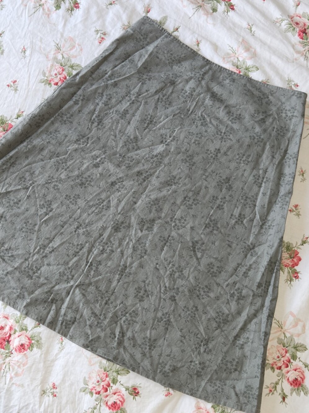 Eddie Bauer Olive Green Floral Linen Cotton Knee Length Skirt Sz 6